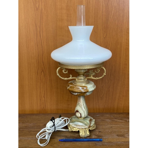 50 - Brass and Onyx Beautiful Table Lamp with Opaline Glass Shade in The Form of Oil Lamp (43cm H.)