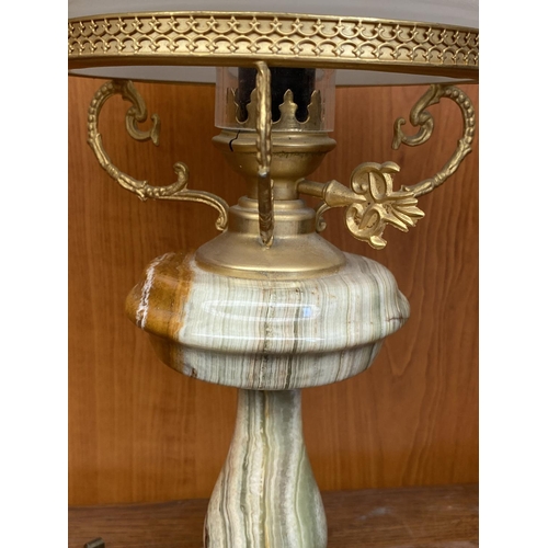 50 - Brass and Onyx Beautiful Table Lamp with Opaline Glass Shade in The Form of Oil Lamp (43cm H.)