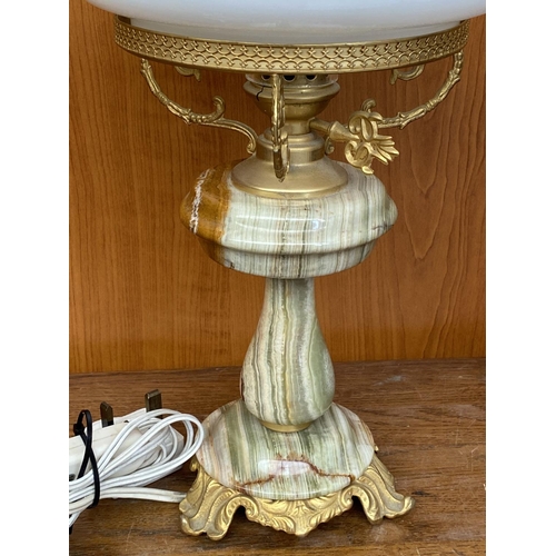 50 - Brass and Onyx Beautiful Table Lamp with Opaline Glass Shade in The Form of Oil Lamp (43cm H.)