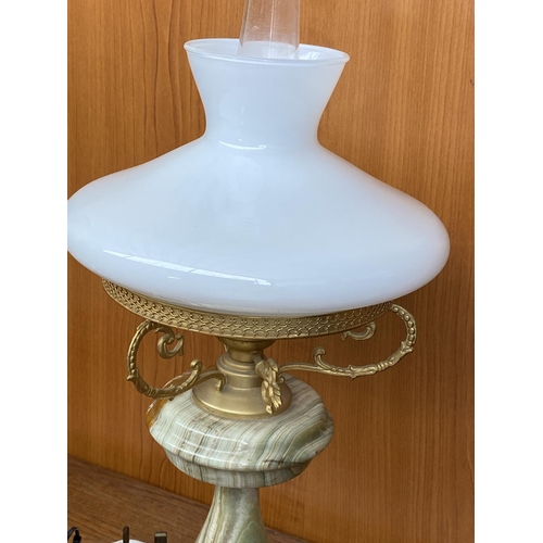 50 - Brass and Onyx Beautiful Table Lamp with Opaline Glass Shade in The Form of Oil Lamp (43cm H.)