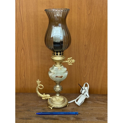 51 - Small Aladdin Onyx Table Lamp with Smoke Glass Shade and Dolphin Handle