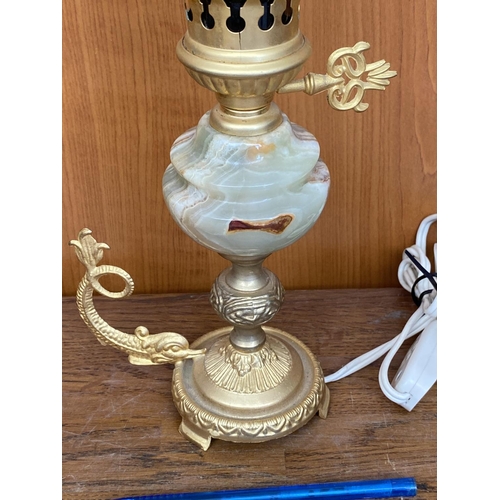 51 - Small Aladdin Onyx Table Lamp with Smoke Glass Shade and Dolphin Handle