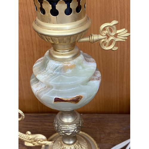 51 - Small Aladdin Onyx Table Lamp with Smoke Glass Shade and Dolphin Handle