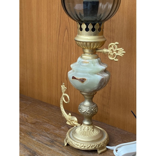 51 - Small Aladdin Onyx Table Lamp with Smoke Glass Shade and Dolphin Handle