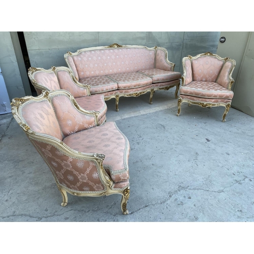 54 - Beautiful Baroque Style 3-Seat Sofa with 3 Armchairs Upholstered in Pink Damask Fabric