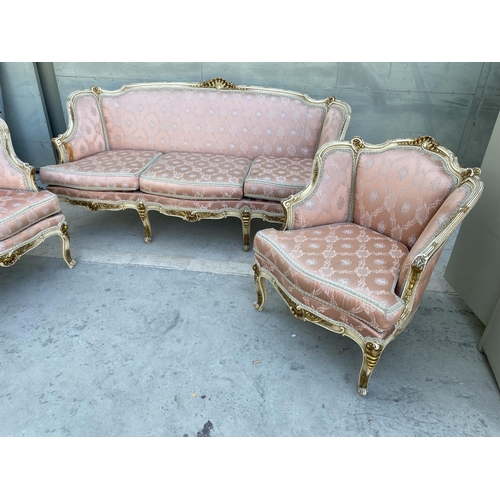 54 - Beautiful Baroque Style 3-Seat Sofa with 3 Armchairs Upholstered in Pink Damask Fabric