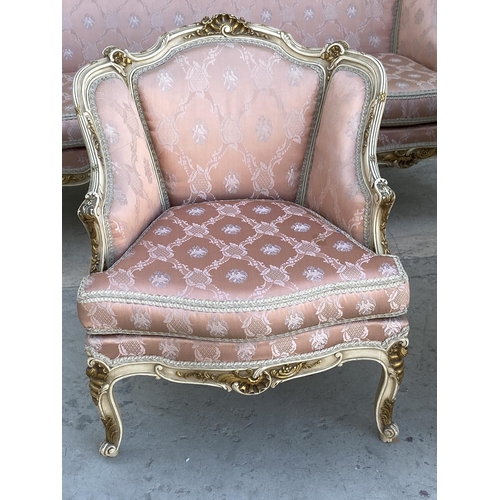 54 - Beautiful Baroque Style 3-Seat Sofa with 3 Armchairs Upholstered in Pink Damask Fabric