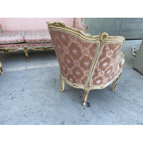 54 - Beautiful Baroque Style 3-Seat Sofa with 3 Armchairs Upholstered in Pink Damask Fabric