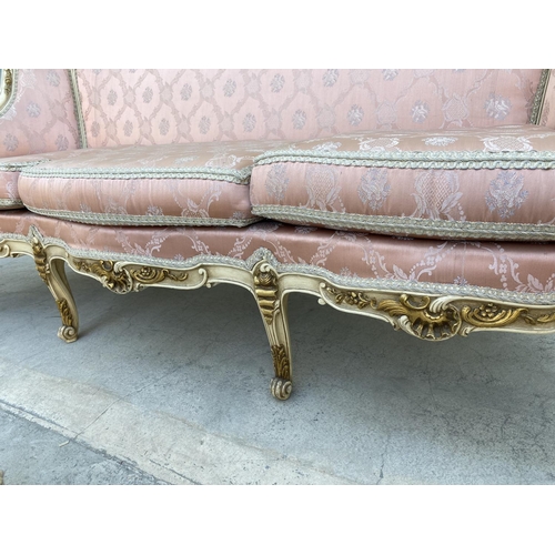 54 - Beautiful Baroque Style 3-Seat Sofa with 3 Armchairs Upholstered in Pink Damask Fabric