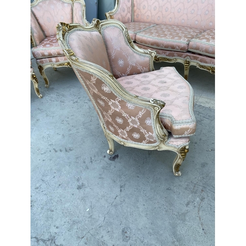 54 - Beautiful Baroque Style 3-Seat Sofa with 3 Armchairs Upholstered in Pink Damask Fabric