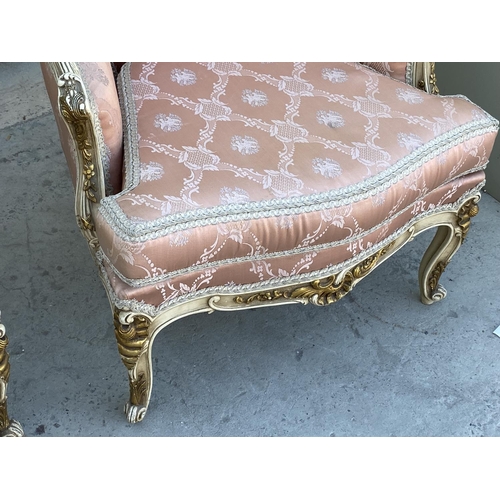 54 - Beautiful Baroque Style 3-Seat Sofa with 3 Armchairs Upholstered in Pink Damask Fabric