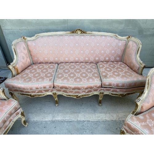 54 - Beautiful Baroque Style 3-Seat Sofa with 3 Armchairs Upholstered in Pink Damask Fabric