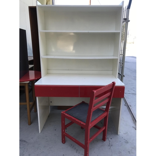 271 - White and Red Wooden Office Desk with Top Bookcase (117 W. x 60 D. x 182cm H.)