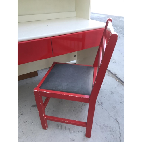 271 - White and Red Wooden Office Desk with Top Bookcase (117 W. x 60 D. x 182cm H.)
