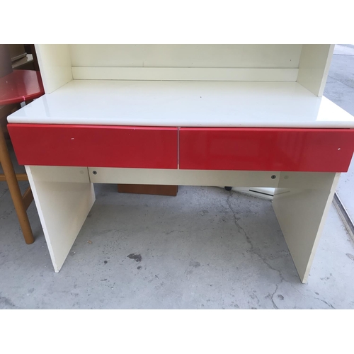 271 - White and Red Wooden Office Desk with Top Bookcase (117 W. x 60 D. x 182cm H.)