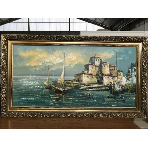 67 - Very Large Oil on Canvas Painting Depicting Seascape Signed 'Talliz' in Gilt Frame (136 x 76cm)