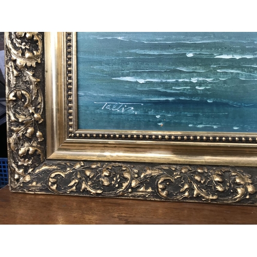 67 - Very Large Oil on Canvas Painting Depicting Seascape Signed 'Talliz' in Gilt Frame (136 x 76cm)