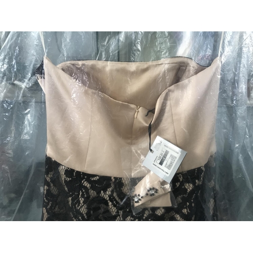 607 - Ravevsky Ladies Strapless Satin Beige Evening Dress with Black Lace Size M,L (Unused)