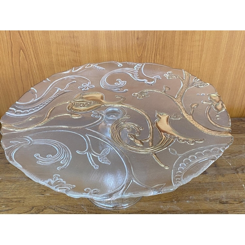 582 - Large Crystal Platter Cake Stand/Sandwich Platter with Golden Colour Design