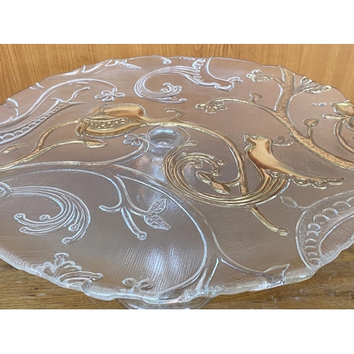 582 - Large Crystal Platter Cake Stand/Sandwich Platter with Golden Colour Design