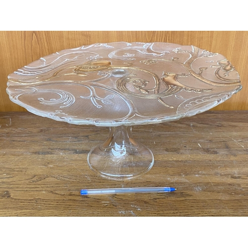 582 - Large Crystal Platter Cake Stand/Sandwich Platter with Golden Colour Design