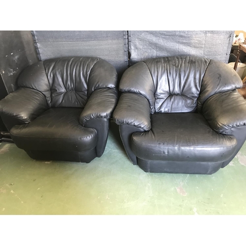 592 - Pair of Large Vintage Black Leather Armchairs