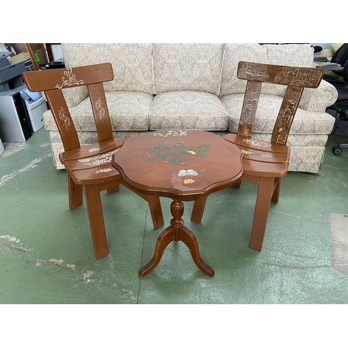 595 - Country Style Heavy Wood Decoupage Set of 2 Chairs and Circular Side Table