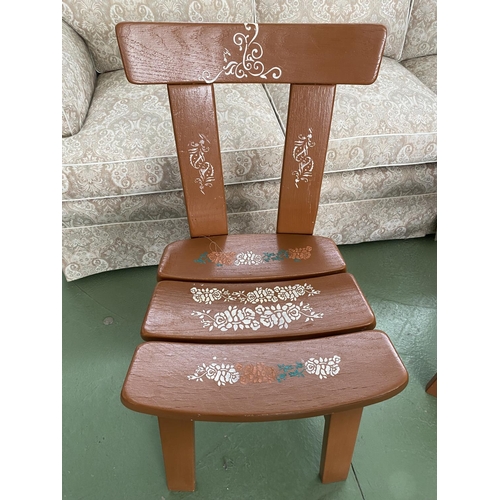 595 - Country Style Heavy Wood Decoupage Set of 2 Chairs and Circular Side Table