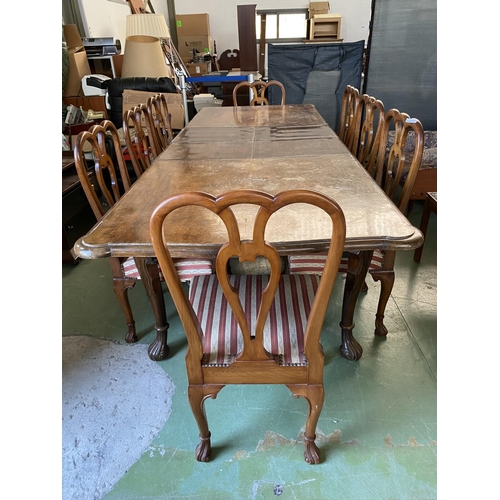 598 - Antique Walnut Extendable (x2) Dining Table with 8 Chairs Upholstered in Silk Stripe Damask Fabric (... 