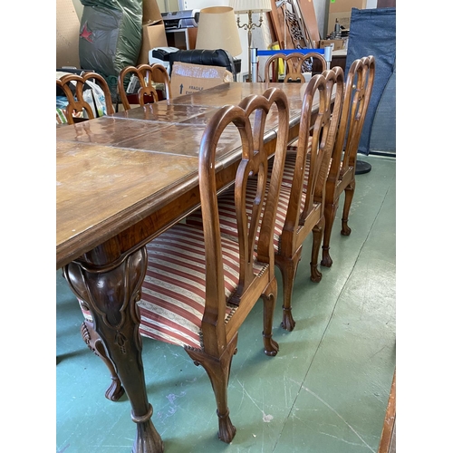 598 - Antique Walnut Extendable (x2) Dining Table with 8 Chairs Upholstered in Silk Stripe Damask Fabric (... 