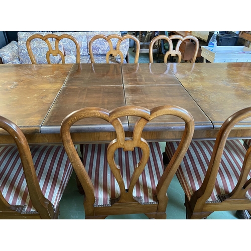 598 - Antique Walnut Extendable (x2) Dining Table with 8 Chairs Upholstered in Silk Stripe Damask Fabric (... 