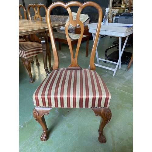 598 - Antique Walnut Extendable (x2) Dining Table with 8 Chairs Upholstered in Silk Stripe Damask Fabric (... 