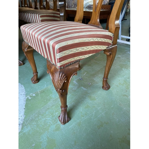 598 - Antique Walnut Extendable (x2) Dining Table with 8 Chairs Upholstered in Silk Stripe Damask Fabric (... 