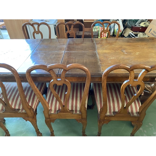 598 - Antique Walnut Extendable (x2) Dining Table with 8 Chairs Upholstered in Silk Stripe Damask Fabric (... 