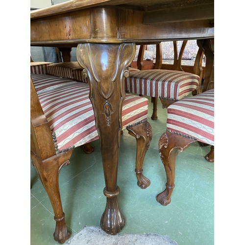 598 - Antique Walnut Extendable (x2) Dining Table with 8 Chairs Upholstered in Silk Stripe Damask Fabric (... 