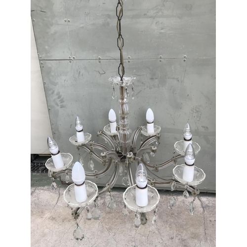 603 - Vintage 8-Lamp Glass Chandelier with Crystals