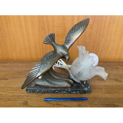 71 - Vintage (Circa 1935) French Art Deco Night Light with Seagull Figure On Marble Base Signed 'BERJON'