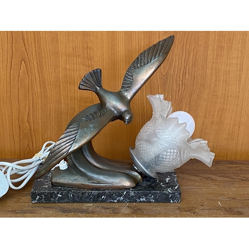 71 - Vintage (Circa 1935) French Art Deco Night Light with Seagull Figure On Marble Base Signed 'BERJON'