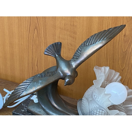 71 - Vintage (Circa 1935) French Art Deco Night Light with Seagull Figure On Marble Base Signed 'BERJON'