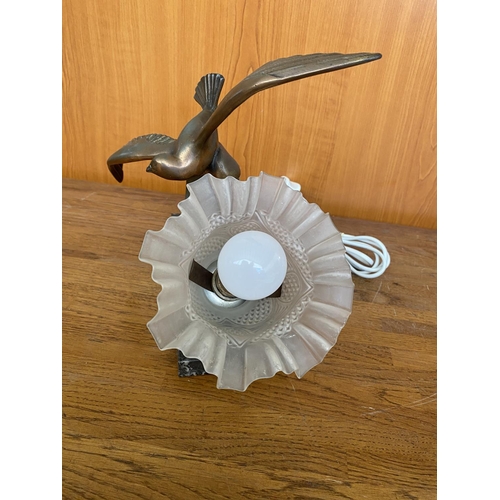 71 - Vintage (Circa 1935) French Art Deco Night Light with Seagull Figure On Marble Base Signed 'BERJON'