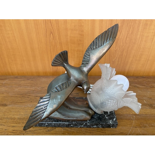 71 - Vintage (Circa 1935) French Art Deco Night Light with Seagull Figure On Marble Base Signed 'BERJON'