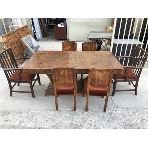 80 - Retro Wooden Art Deco Dining Table with 6 Upholstered Matching Chairs (Needs Attention)