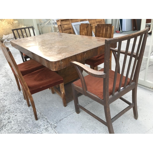 80 - Retro Wooden Art Deco Dining Table with 6 Upholstered Matching Chairs (Needs Attention)