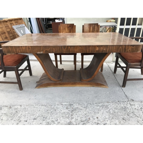 80 - Retro Wooden Art Deco Dining Table with 6 Upholstered Matching Chairs (Needs Attention)