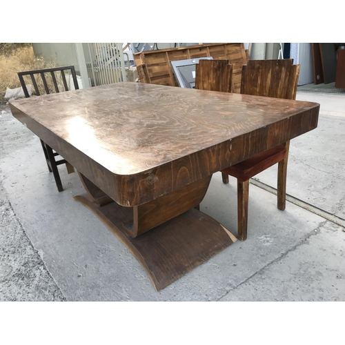 80 - Retro Wooden Art Deco Dining Table with 6 Upholstered Matching Chairs (Needs Attention)