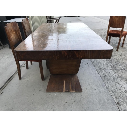 80 - Retro Wooden Art Deco Dining Table with 6 Upholstered Matching Chairs (Needs Attention)