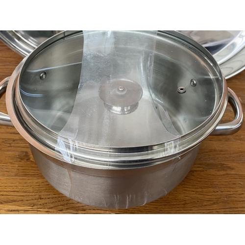 207 - Vinod Induction 22cm Stainless Steel 18/0 Cooking Pot and Two 30 & 34cm Stainless Steel 18/10 Oven T... 