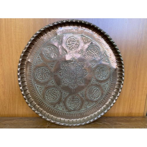 186 - Large Heavy Copper Ornate Tray (56cm Diameter)