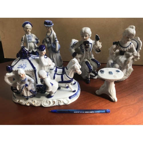 86 - Vintage Set of 6 Blue and White Ceramic Figurines