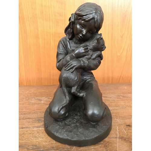 174 - Bronze Figurine of Girl with Cat Signed 'P.Parsons'